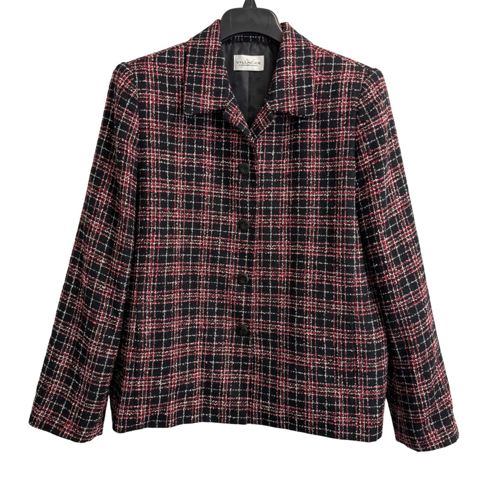 Villager Liz Claiborne Plaid Tweed Blazer Jacket 12 Black Red White Boucle Lined